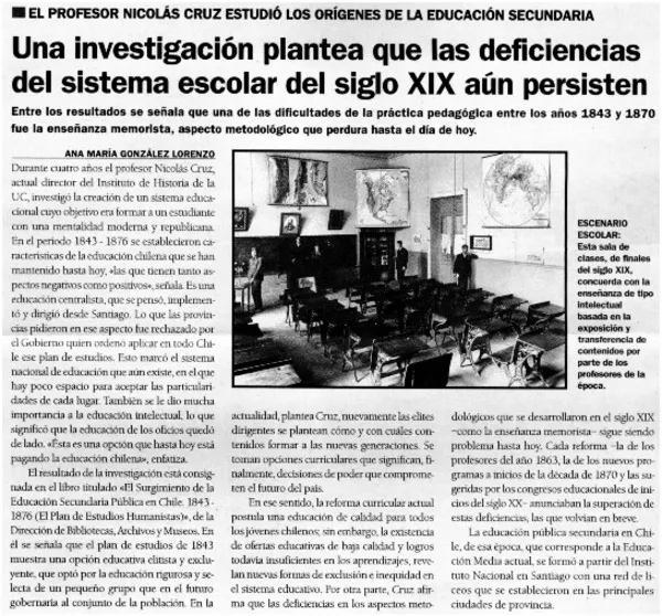 Una investigación plantea que las deficiencias del sistema escolar del siglo XIX aún persisten  [artículo] Ana María González Lorenzo.