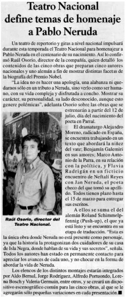 Teatro Nacional define temas de homenaje a Pablo Neruda.  [artículo]
