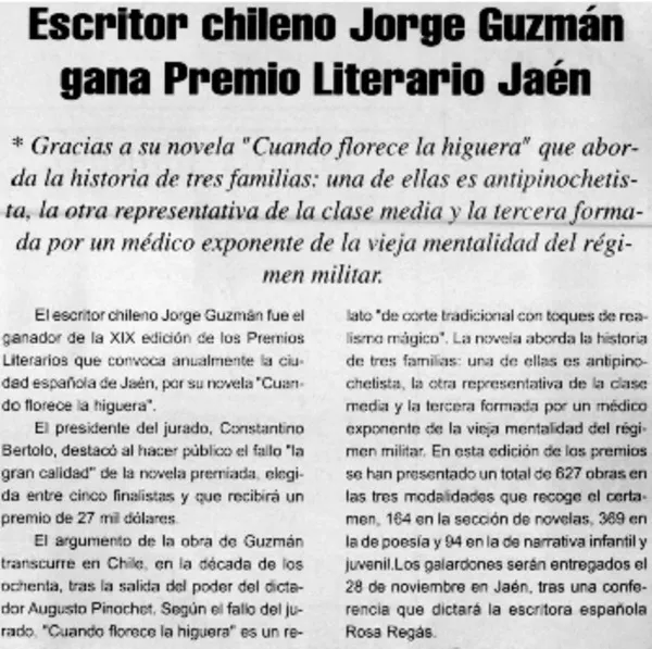 Escritor chileno Jorge Guzmán gana Premio Literario Jaén.  [artículo]