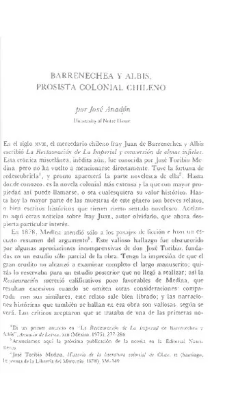 Barrenechea y Albis, prosista colonial chileno  [artículo] José Anadón.