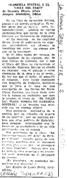 Gabriela Mistral y el Valle del Elqui  [artículo] Efraín Szmulewicz.