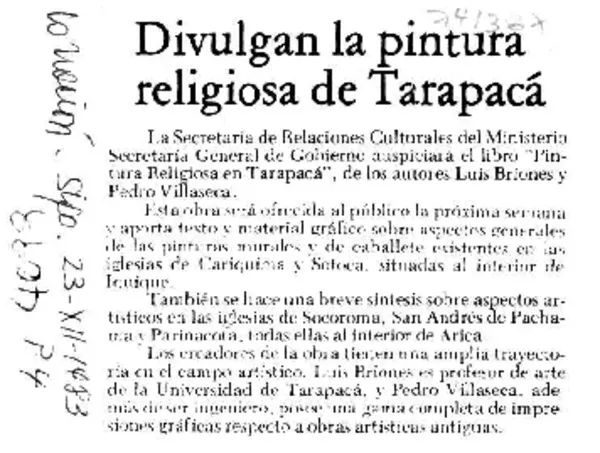 Divulgan la pintura religiosa de Tarapacá  [artículo]