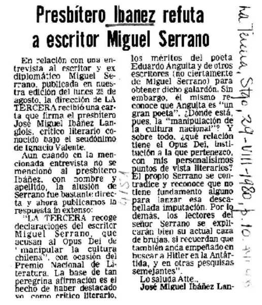 Presbítero Ibáñez refuta a escritor Miguel Serrano  [artículo] José Miguel Ibáñez Langlois.