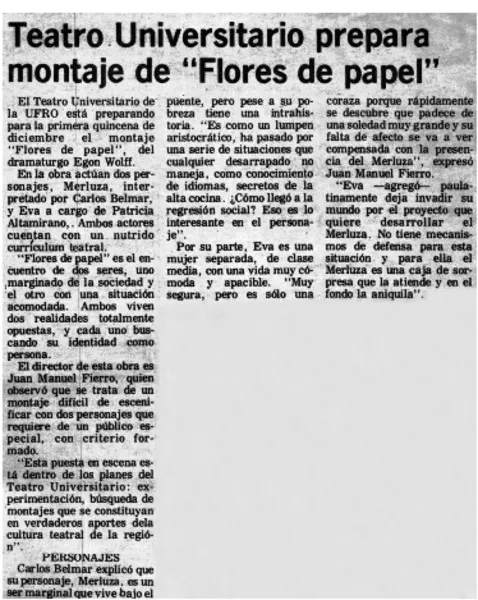 Teatro universitario prepara montaje de "Flores de papel"  [artículo]