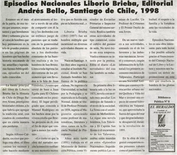 Episodios nacionales Liborio Brieba, Editorial Andrés Bello, Santiago de Chile, 1998  [artículo]