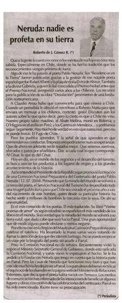 Neruda : nadie es profeta en su tierra  [artículo] Roberto Gómez Rojas.