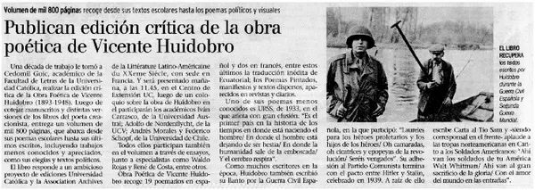Publican edición crítica de la obra poética de Vicente Huidobro  [artículo].