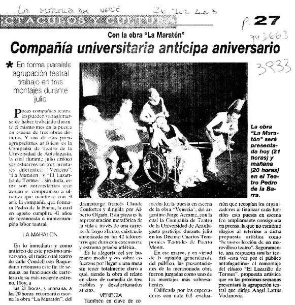 Compañía universitaria anticipa aniversario  [artículo]