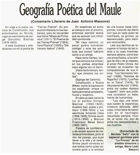 Geografía poética del Maule  [artículo] Juan Antonio Massone.