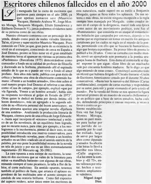 Escritores chilenos fallecidos en el año 2000  [artículo] Miguel Angel Díaz.