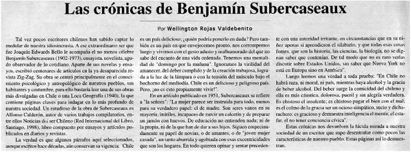 Las crónicas de Benjamín Subercaseaux  [artículo] Wellington Rojas Valdebenito.