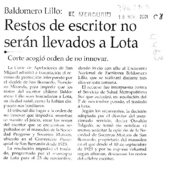 Restos de escritor no serán llevados a Lota  [artículo]