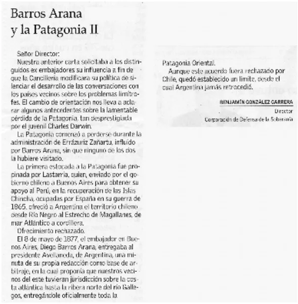 Barros Arana y la Patagonia II  [artículo] Benjamín González Carrera.