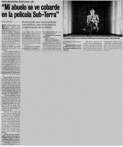 Mi abuelo se ve cobarde en la película Sub-Terra" [entrevistas] [artículo] : Luciana Lechuga.
