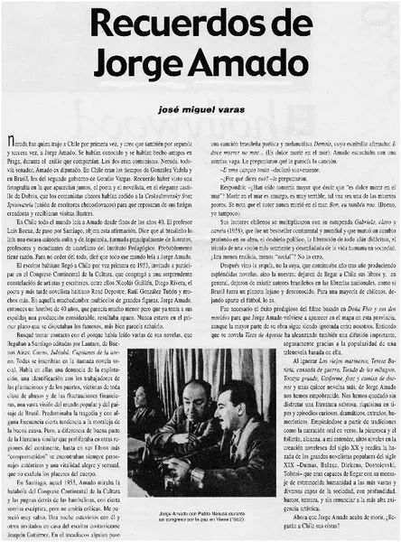 Recuerdos de Jorge Amado  [artículo] José Miguel Varas Calvo.