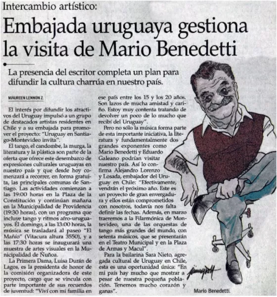 Embajada uruguaya gestiona la visita de Mario Benedetti  [artículo] Maureen Lennon Z.