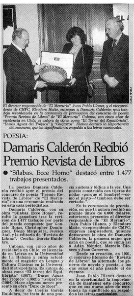 Damaris Calderón recibió premio revista de libros.  [artículo]