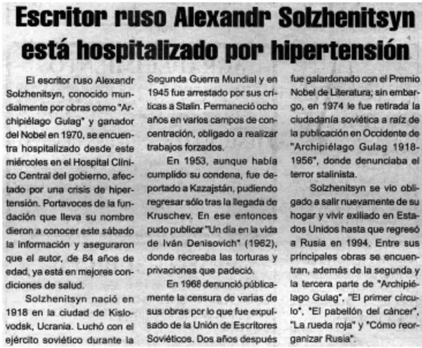Escritor ruso Alexandr Solzhenitsyn está hospitalizado por hipertensión.  [artículo]