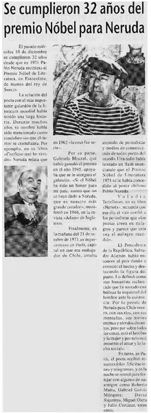 Se cumplieron 32 años del premio Nóbel para Neruda  [artículo]