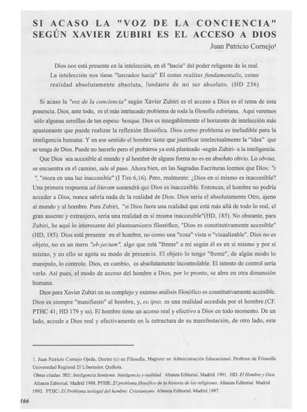 Si acaso la "Voz de la Conciencia" según Xavier Zubiri es el acceso a Dios  [artículo] Juan Patricio Cornejo.