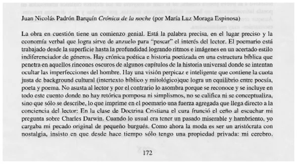 Juan Nicolás Padrón Barquín Crónica de noche  [artículo] María Luz Moraga Espinosa.