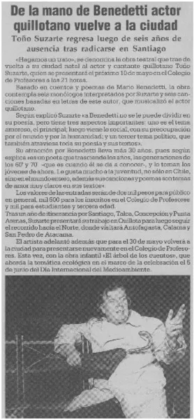 De la mano de Benedetti actor quillotano vuele a la ciudad.  [artículo]