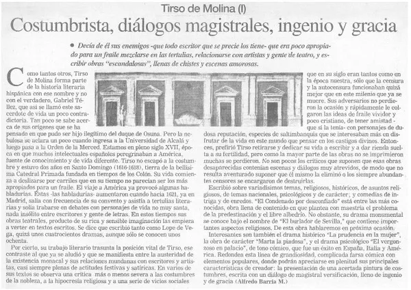 Costumbrista, diálogos magistrales, ingenio y gracia  [artículo] Alfredo Barría M.