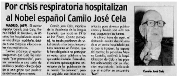 Por crisis respiratoria hospitalizan al Nobel español Camilo José Cela  [artículo]