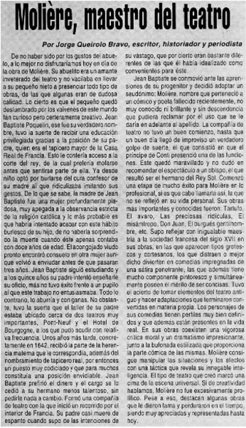Molière, maestro del teatro  [artículo] Jorge Queirolo Bravo.