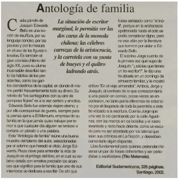 Antología de familia  [artículo] Tito Matamala.