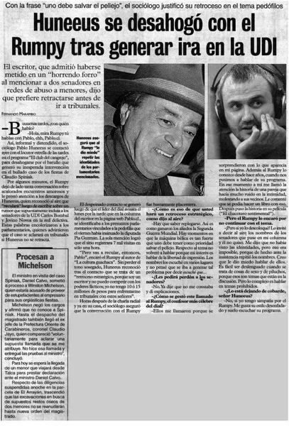 Huneeus se desahogó con el Rumpy tras generar ira en la UDI  [artículo] Fernando Marambio.