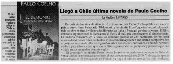 Llegó a Chile última novela de Paulo Coelho.  [artículo]