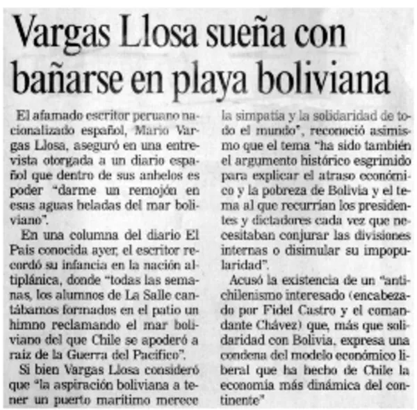 Vargas Llosa sueña con bañarse en playa boliviana  [artículo]