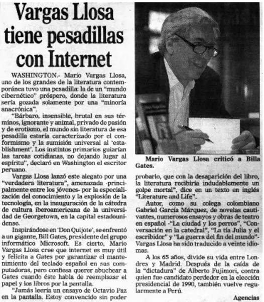 Vargas Llosa tiene pesadillas con internet.  [artículo]