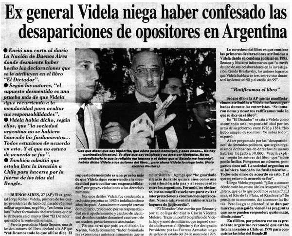 Ex general Videla niega haber confesado las desapariciones de opositores en Argentina.  [artículo]
