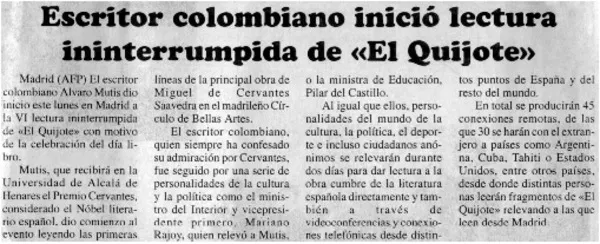 Escritor colombiano inició lectura ininterrumpida de "El Quijote".  [artículo]