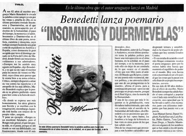 Benedetti lanza poemario "Insomnios y duermevelas".  [artículo]