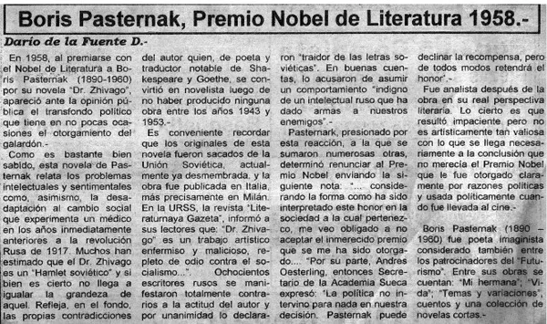 Boris Pasternak, Premio Nobel de literatura 1958  [artículo] Darío de la Fuente.