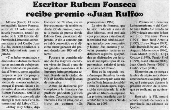 Escritor Rubem Fonseca recibe premio "Juan Rulfo".  [artículo]