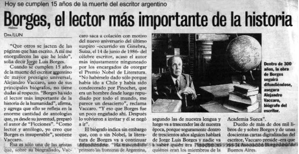 Borges, el lector más importante de la historia Hoy se cumplen 15 años de la muerte del escritor argentino [artículo] :
