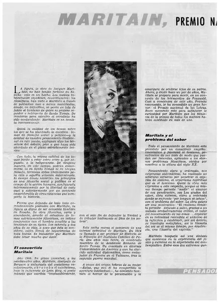 Maritain, Premio Nacional de las Letras Francesas, 1964  [artículo] Mercedes Torrevejano.