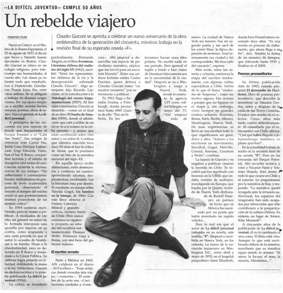 Un rebelde viajero  [artículo] Francisco Véjar.