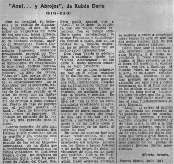 Azul -- y abrojos", de Rubén Darío  [artículo] Alberto Arraño.