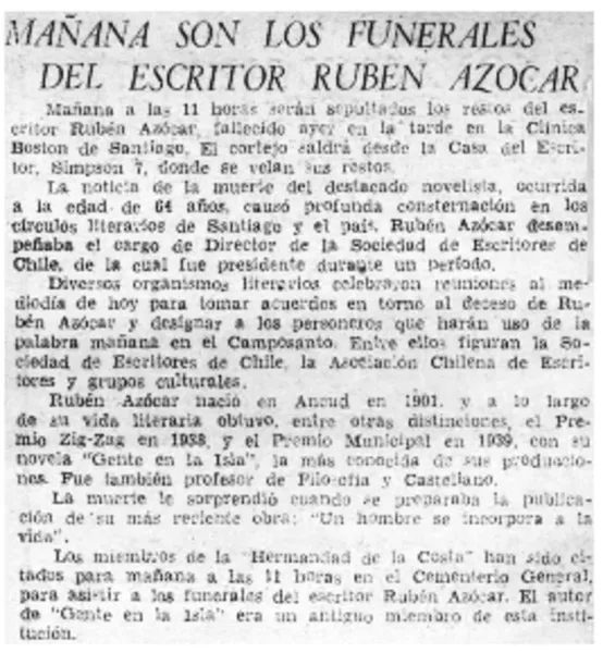 Mañana son los funerales del escritor Rubén Azócar.  [artículo]