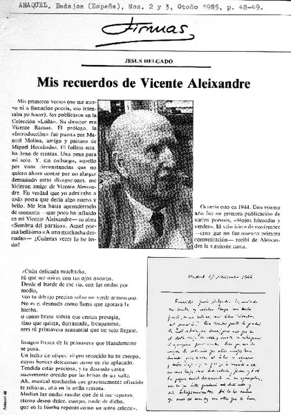 Mis recuerdos de Vicente Aleixandre  [artículo] Jesús Delgado.