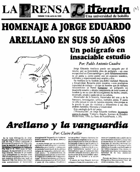 Homenaje a Jorge Eduardo Arellano en sus 50 años  [artículo] Pablo Antonio Cuadra.