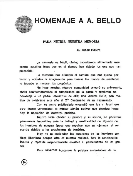 Homenaje a A. Bello  [artículo] Jorge Fuentes.