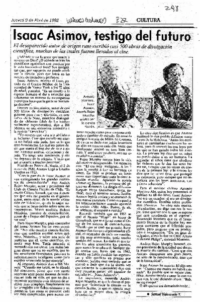 Isaac Asimov, testigo del futuro  [artículo] Samuel Valenzuela.
