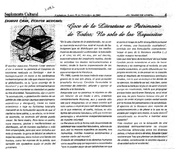 Goce de la literatura es patrimonio de todos, no sólo de los exquisitos.  [artículo]