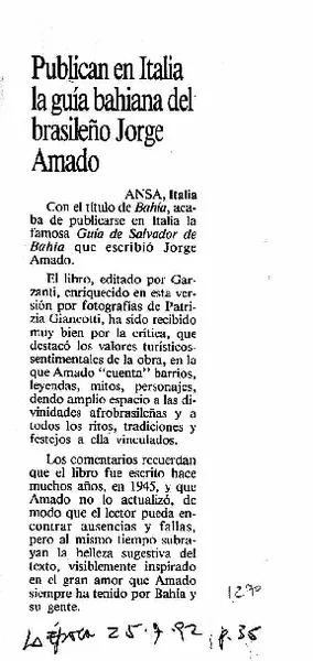 Publican en ITalia la guía bahiana del brasileño Jorge Amado.  [artículo]